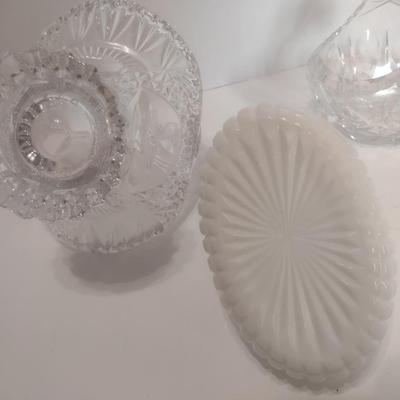 Set of Three Centerpiece Baskets Two Crystal and One Milk Glass