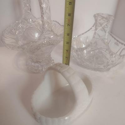 Set of Three Centerpiece Baskets Two Crystal and One Milk Glass