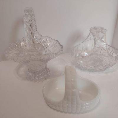 Set of Three Centerpiece Baskets Two Crystal and One Milk Glass