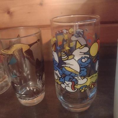 Collection of Assorted Vintage Painted and Advertising Drinking Glasses Includes Richardson Root Beer and Smurfs, Other