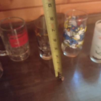Collection of Assorted Vintage Painted and Advertising Drinking Glasses Includes Richardson Root Beer and Smurfs, Other