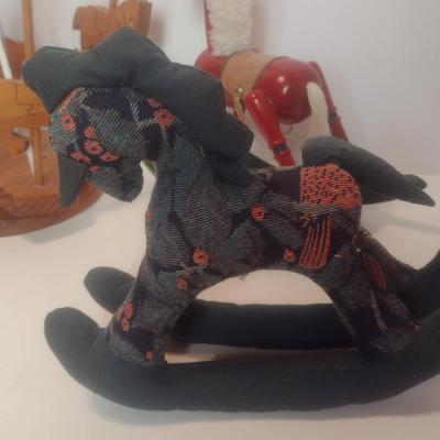 Assortment of Horse Theme Items Includes Wood Rocking Horse, Fabric Rocking Horse, and Wood Horse Carousel