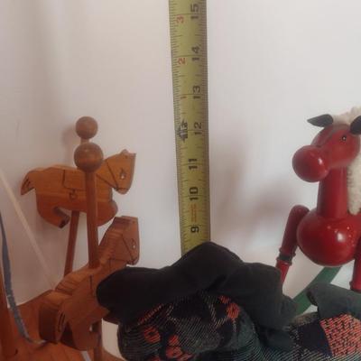 Assortment of Horse Theme Items Includes Wood Rocking Horse, Fabric Rocking Horse, and Wood Horse Carousel