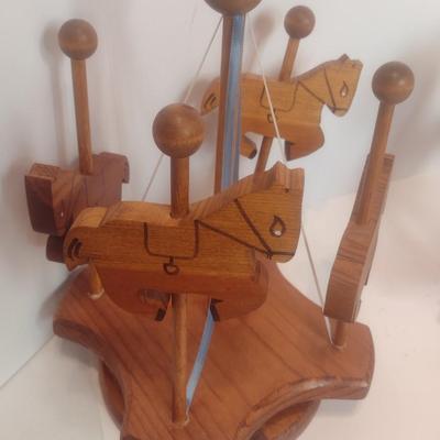 Assortment of Horse Theme Items Includes Wood Rocking Horse, Fabric Rocking Horse, and Wood Horse Carousel