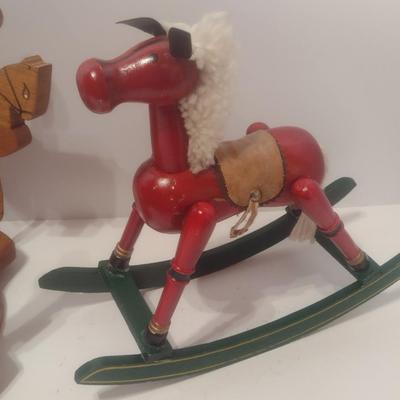 Assortment of Horse Theme Items Includes Wood Rocking Horse, Fabric Rocking Horse, and Wood Horse Carousel