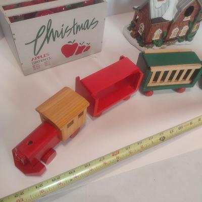 Ceramic Dairy Barn Birdhouse, Wood Train Set, and Apple Crate with Plastic Fruit
