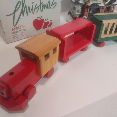 Ceramic Dairy Barn Birdhouse, Wood Train Set, and Apple Crate with Plastic Fruit