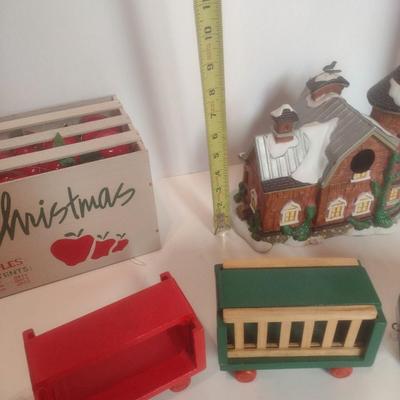 Ceramic Dairy Barn Birdhouse, Wood Train Set, and Apple Crate with Plastic Fruit