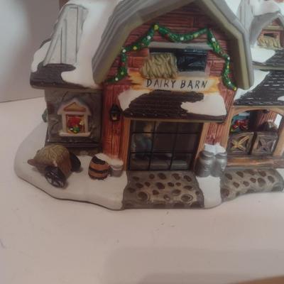 Ceramic Dairy Barn Birdhouse, Wood Train Set, and Apple Crate with Plastic Fruit