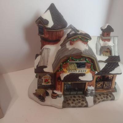Ceramic Dairy Barn Birdhouse, Wood Train Set, and Apple Crate with Plastic Fruit