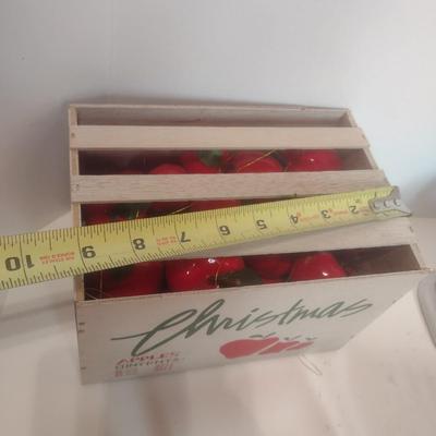 Ceramic Dairy Barn Birdhouse, Wood Train Set, and Apple Crate with Plastic Fruit
