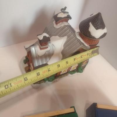 Ceramic Dairy Barn Birdhouse, Wood Train Set, and Apple Crate with Plastic Fruit