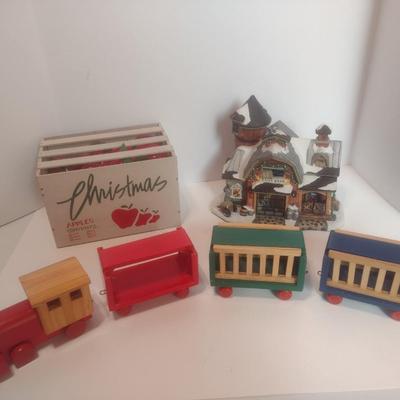 Ceramic Dairy Barn Birdhouse, Wood Train Set, and Apple Crate with Plastic Fruit