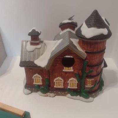 Ceramic Dairy Barn Birdhouse, Wood Train Set, and Apple Crate with Plastic Fruit