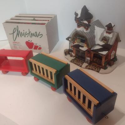 Ceramic Dairy Barn Birdhouse, Wood Train Set, and Apple Crate with Plastic Fruit
