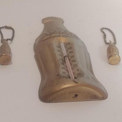 Vintage Tin Coca-Cola Wall Thermometer and Two Coca-Cola Key Chains