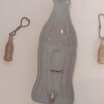 Vintage Tin Coca-Cola Wall Thermometer and Two Coca-Cola Key Chains