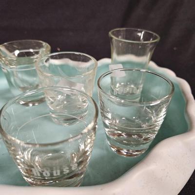 Abstract Handmade Pottery Dish with 9 Various Shot Glasses