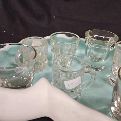 Abstract Handmade Pottery Dish with 9 Various Shot Glasses