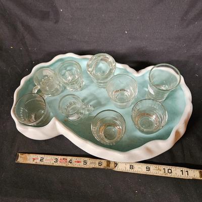 Abstract Handmade Pottery Dish with 9 Various Shot Glasses
