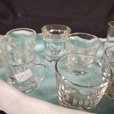Abstract Handmade Pottery Dish with 9 Various Shot Glasses