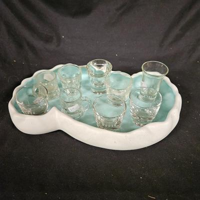 Abstract Handmade Pottery Dish with 9 Various Shot Glasses