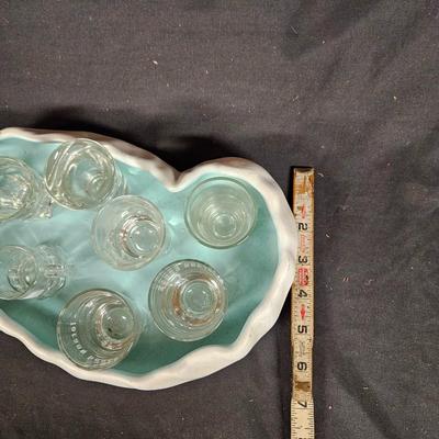Abstract Handmade Pottery Dish with 9 Various Shot Glasses