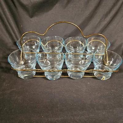 Set of 8 Mid Century Lowball Cocktail Glasses in Metal Caddy