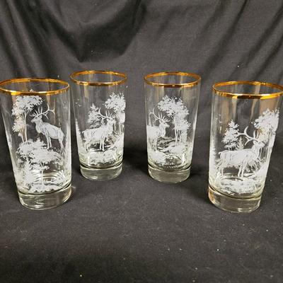 Set of 4 Vintage Etched Elk Glasses