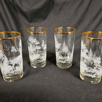 Set of 4 Vintage Etched Elk Glasses