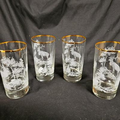 Set of 4 Vintage Etched Elk Glasses