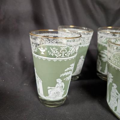 Vintage Jeanette Glass Wedgewood Grecian Gree Ice Bucket with 6 Glasses
