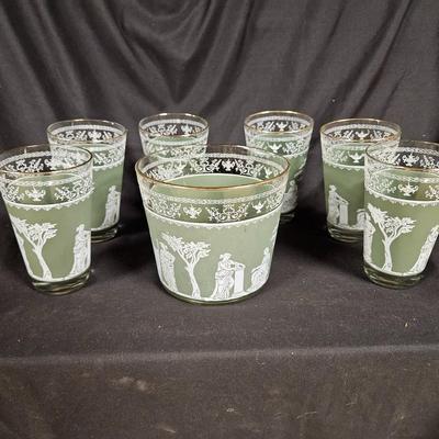 Vintage Jeanette Glass Wedgewood Grecian Gree Ice Bucket with 6 Glasses