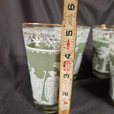 Vintage Jeanette Glass Wedgewood Grecian Gree Ice Bucket with 6 Glasses