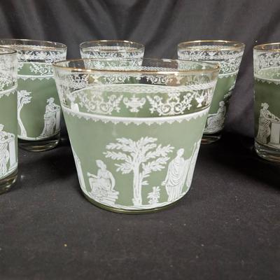 Vintage Jeanette Glass Wedgewood Grecian Gree Ice Bucket with 6 Glasses
