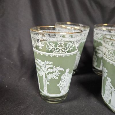 Vintage Jeanette Glass Wedgewood Grecian Gree Ice Bucket with 6 Glasses