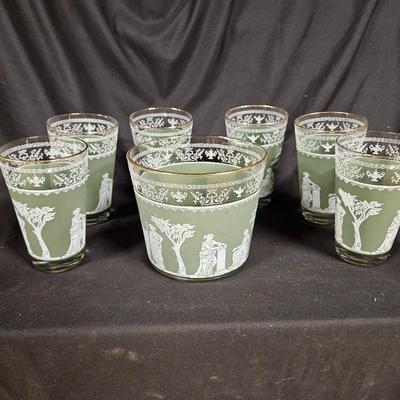 Vintage Jeanette Glass Wedgewood Grecian Gree Ice Bucket with 6 Glasses