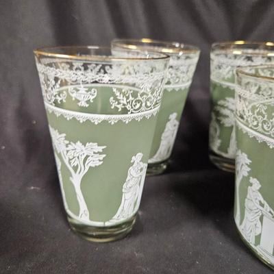 Vintage Jeanette Glass Wedgewood Grecian Gree Ice Bucket with 6 Glasses