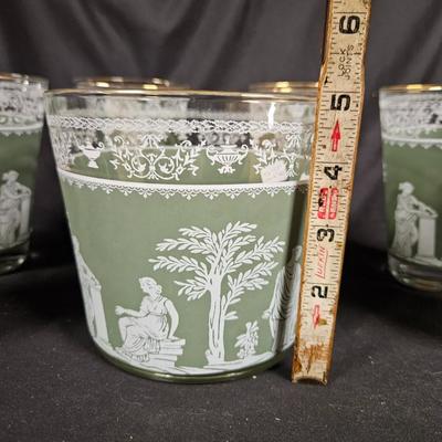 Vintage Jeanette Glass Wedgewood Grecian Gree Ice Bucket with 6 Glasses