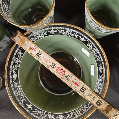 Vintage Jeanette Glass Wedgewood Grecian Gree Ice Bucket with 6 Glasses