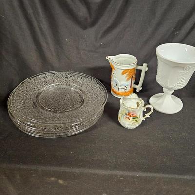 Lot of Misc. Antique Items Including Set of Clear Crackle Plates