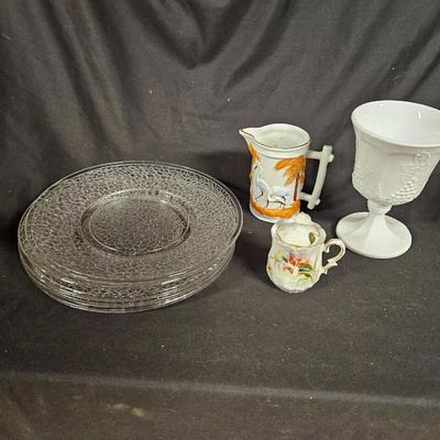 Lot of Misc. Antique Items Including Set of Clear Crackle Plates
