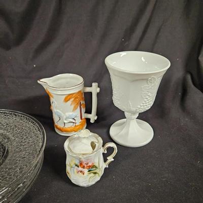 Lot of Misc. Antique Items Including Set of Clear Crackle Plates
