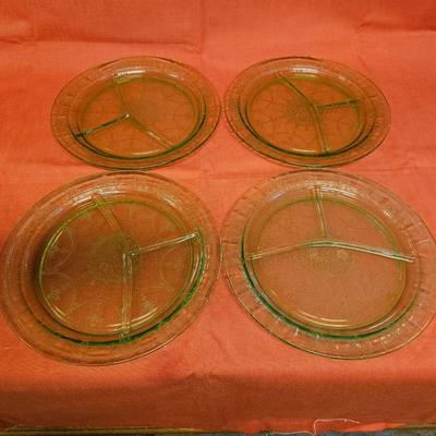 Vintage Set of 4 Uranium Green Divided Plates