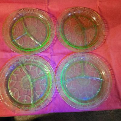 Vintage Set of 4 Uranium Green Divided Plates