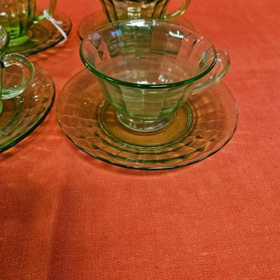 Set of 4 Uranium Green Depression Teacups and Saucers