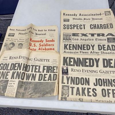 5 Vintage NEwspapers- Kennedy Assassination, Reno Golden Hotel Fire