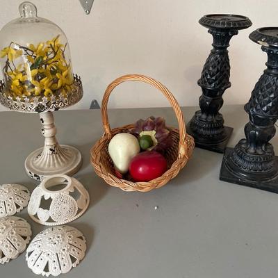 Glass dome decor and faux fruit