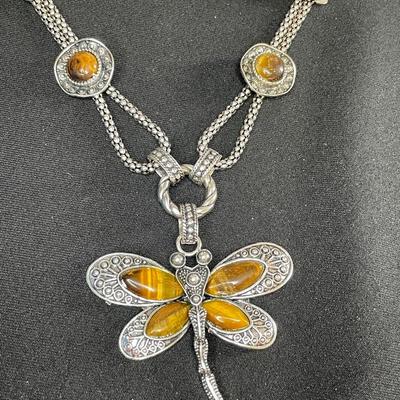 Large Dragonfly Necklace with Tiger Eye Stones