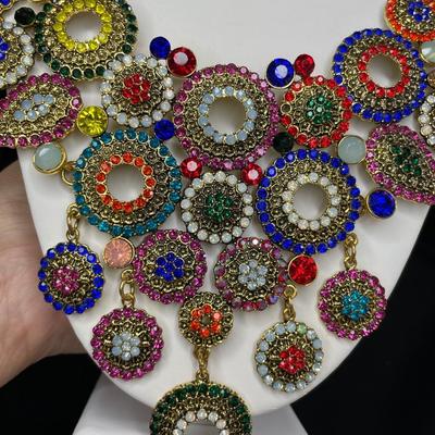 Huge Bib Necklace and Earrings with Multicolored Stones